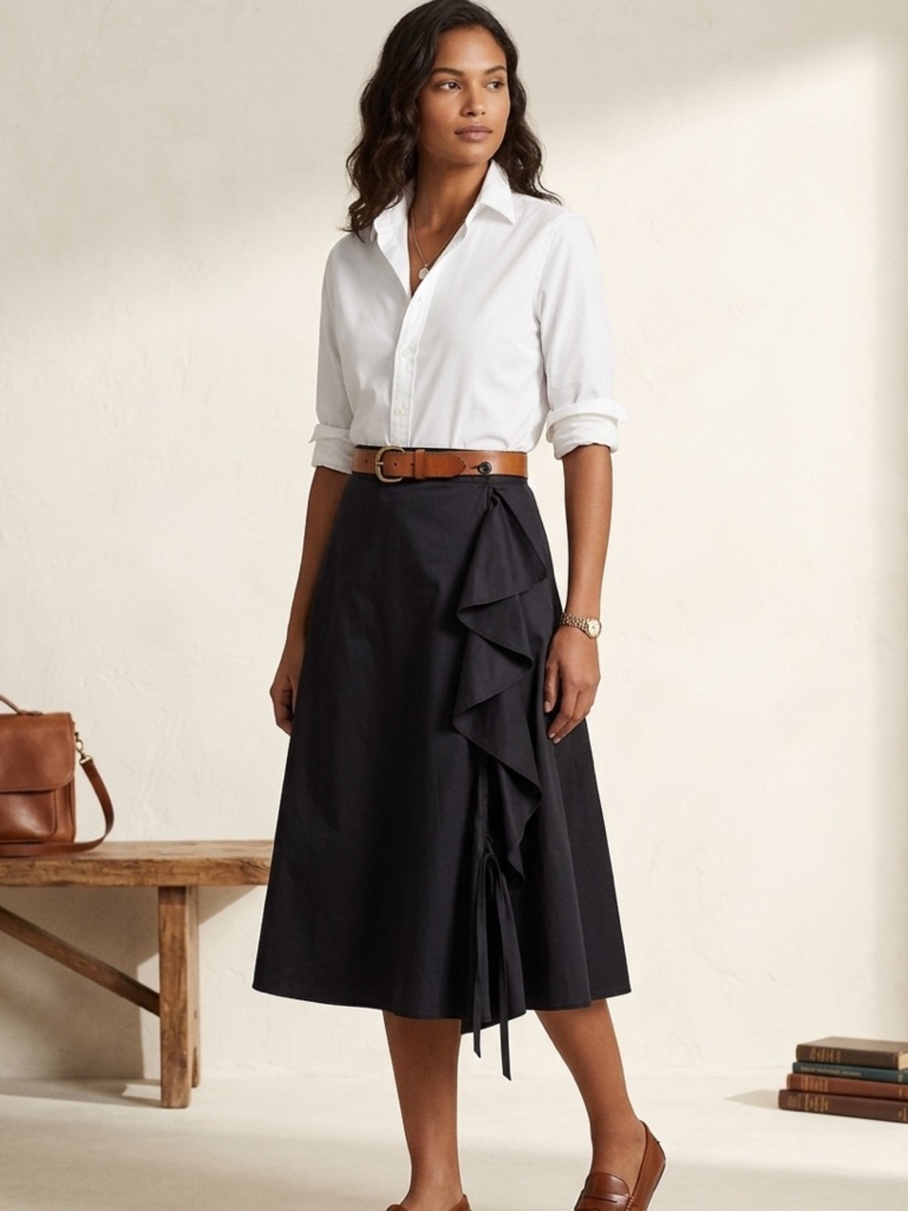TOME NYC Black Ruffle Cotton Wrap Midi Skirt Size 2